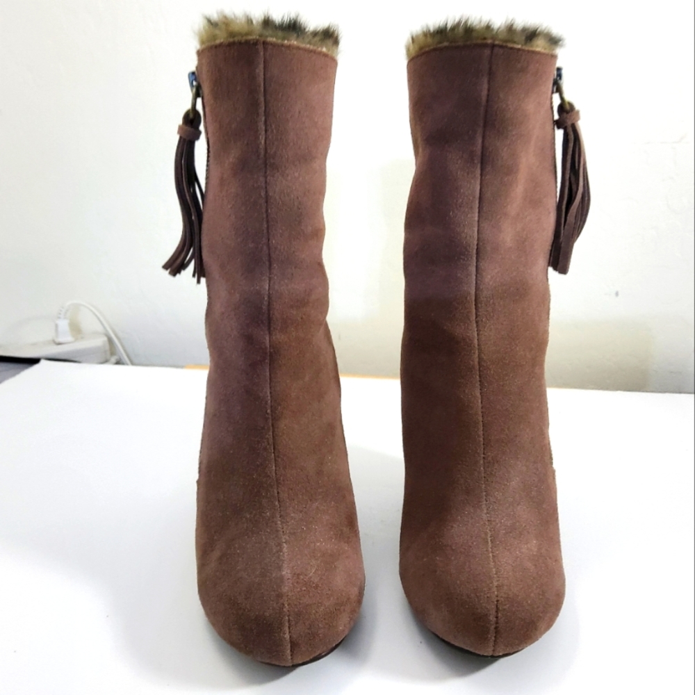 Leather mid calf wedge heel boot , size 5 1/2. Brown with faux fur top inside
